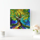 Groene en gele Bladeren Boom van Leven Vierkante Klok (Huis)