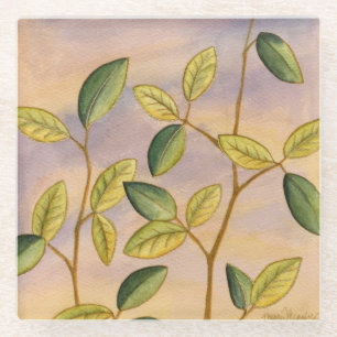 Groene en gele bladeren op zonnescherm glazen onderzetter