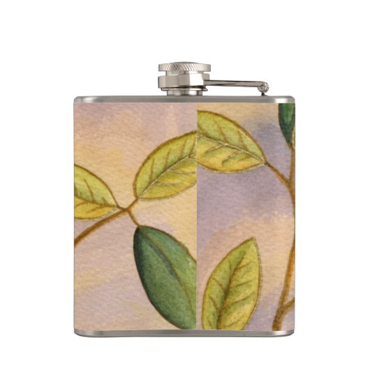 Groene en gele bladeren op zonnescherm heupfles (Achterkant)