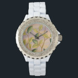 Groene en gele bladeren op zonnescherm horloge<br><div class="desc">Het paarse en goudkleurige zonsondergang is het perfecte contrast met de gele en groene bladeren die de focus van dit stuk vormen door Megan Meagher. Je kunt bijna horen hoe de wind zingt terwijl hij zachtjes met de bladeren omspringt.</div>