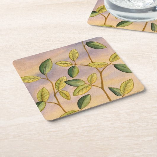 Groene en gele bladeren op zonnescherm kartonnen onderzetters (Schuin)