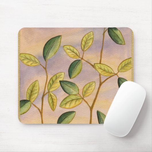 Groene en gele bladeren op zonnescherm muismat (Met muis)
