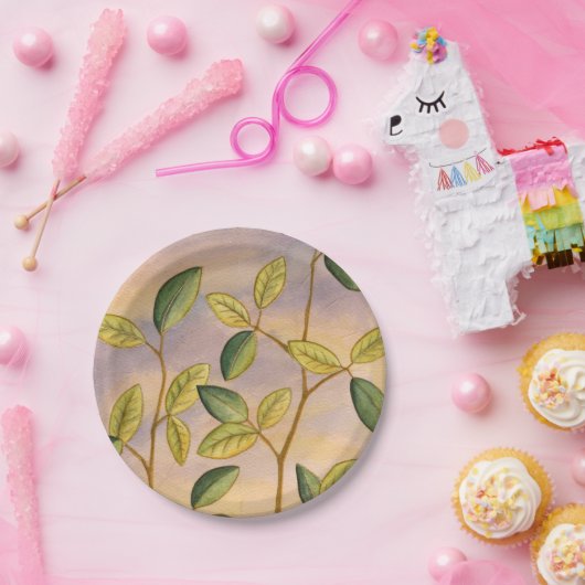 Groene en gele bladeren op zonnescherm papieren bordje (Feest)