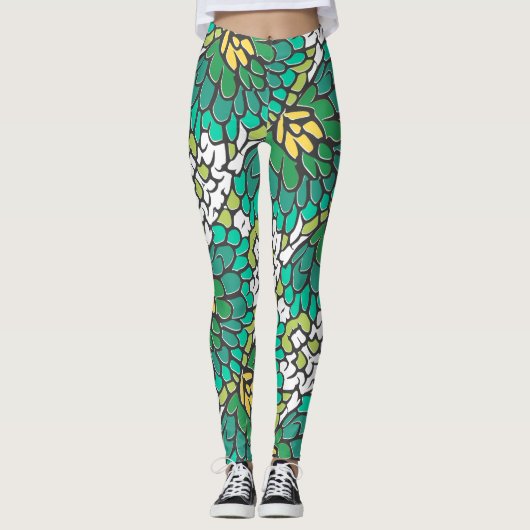 Groene en gele bloemen leggings (Voorkant)