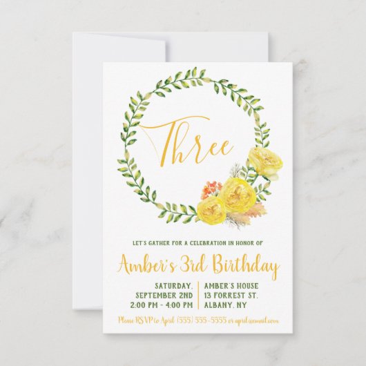 Groene en Gele Floral Wreath Birthday Invitation Kaart (Voorkant)