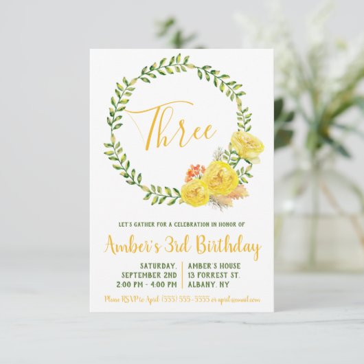 Groene en Gele Floral Wreath Birthday Invitation Kaart (Staand voorkant)