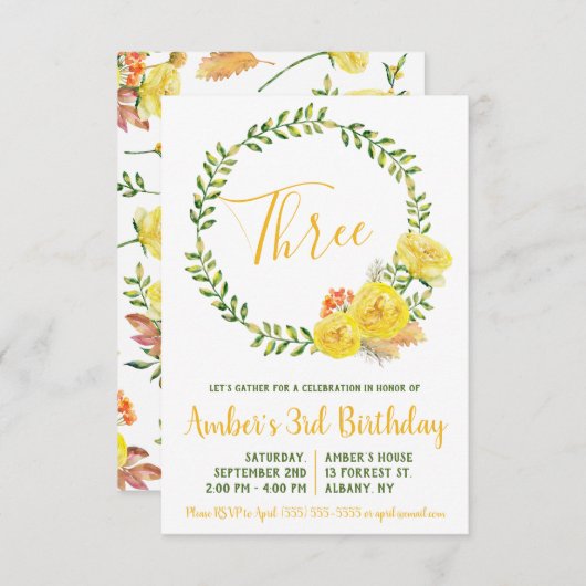 Groene en Gele Floral Wreath Birthday Invitation Kaart (Voorkant / Achterkant)
