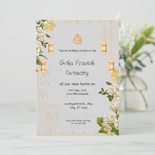 Groene en gele Griha Pravesh Uitnodiging (Staand voorkant)