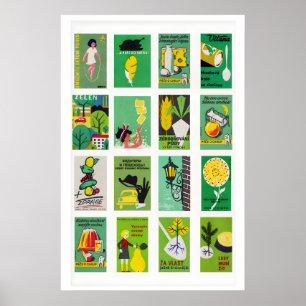 Groene en gele luciferdoosje labelcollage, zonnig poster