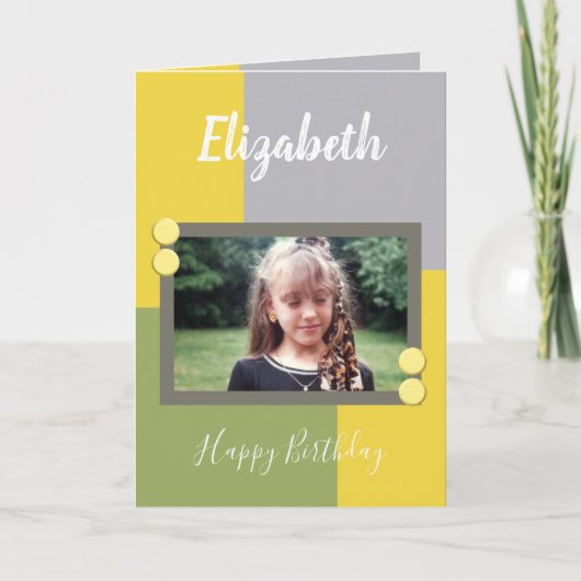 Groene en gele naam en foto Gefeliciteerd met je v Kaart (Voorkant)