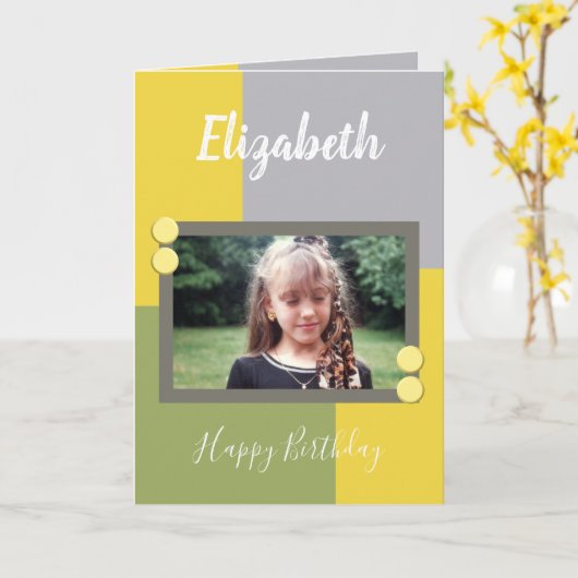 Groene en gele naam en foto Gefeliciteerd met je v Kaart (Gele Bloem)