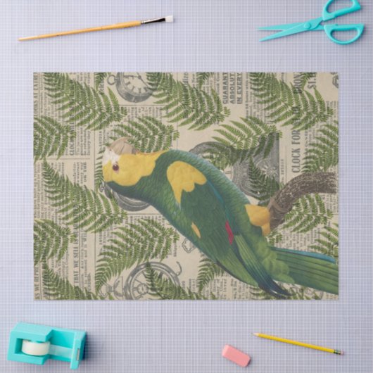 Groene en gele papegaai op bladenontkoppeling tissuepapier (Craft)