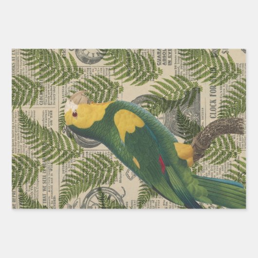 Groene en gele papegaai op bladeren inpakpapier vel (Voorkant)