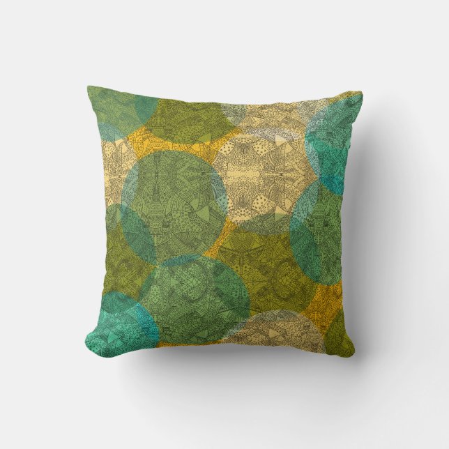 Groene en gele symmetrische Doodle Mandala Kussen (Voorkant)