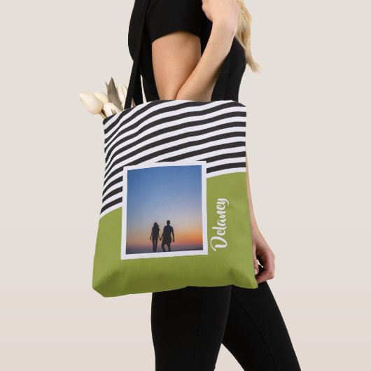 Groene en Gestreepte Patroon Gepersonaliseerde Fot Tote Bag (Dichtbij)