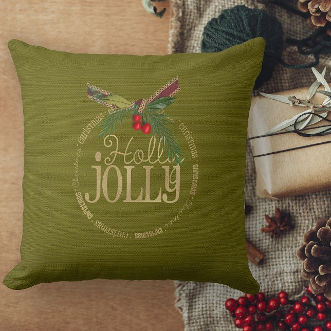 Groene en glinsterende gouden Holly Jolly Kerstmis Kussen (Christmas pillows personalized Christmas throw pillow for couch)