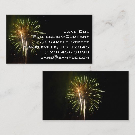 Groene en Gold Fireworks Holiday Celebration Visitekaartje (Voorkant / Achterkant)