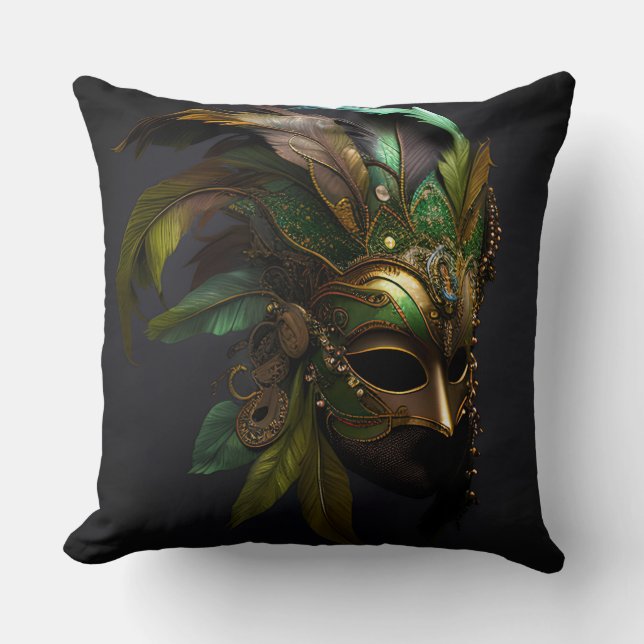 GROENE EN GOLD MARDI GRAS MASK & FEATHERS KUSSEN (Voorkant)