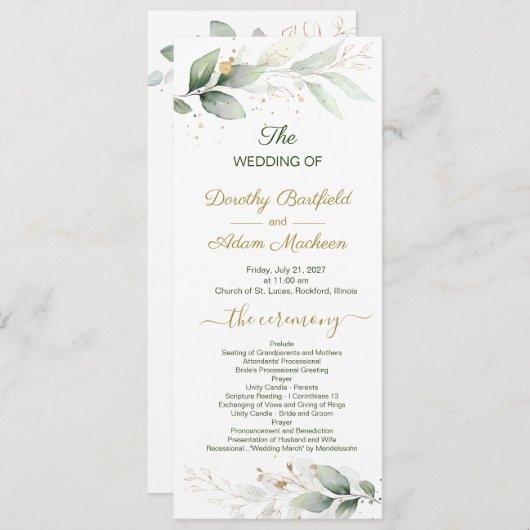 Groene en goudbladeren, confetti Wedding Programme Kaart (Voorkant / Achterkant)