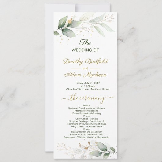 Groene en goudbladeren, confetti Wedding Programme Kaart (Voorkant)
