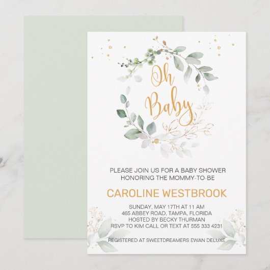 Groene en goudbladeren Oh Baby shower Kaart (Voorkant / Achterkant)