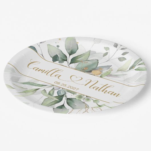 Groene en goudbruinhuwelijken papieren bordje (Gekanteld)