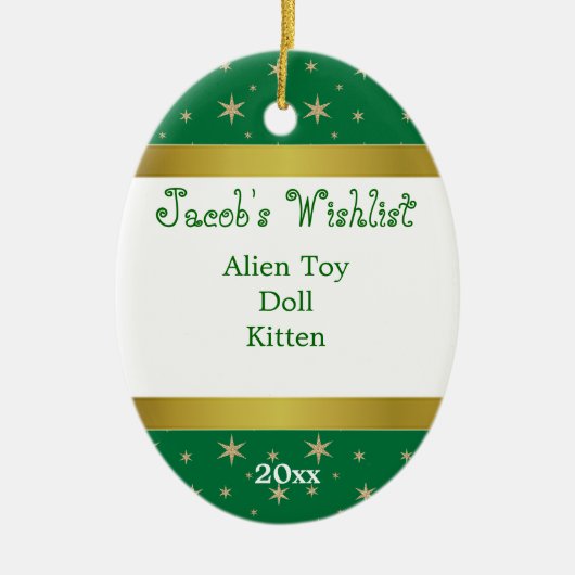 Groene en gouden Aangepaste Wishlist-versiering Keramisch Ornament (Voorkant)