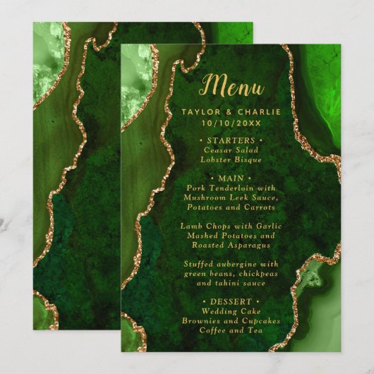 Groene en Gouden Agaat Huwelijksmenu Menu (Voorkant / Achterkant)