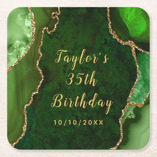 Groene en Gouden Agaat Marmer Verjaardag Kartonnen Onderzetters (Voorkant)