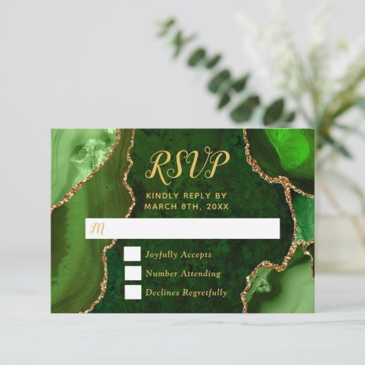 Groene en Gouden Agaat Marmeren Bruiloft RSVP Kaartje (Staand voorkant)