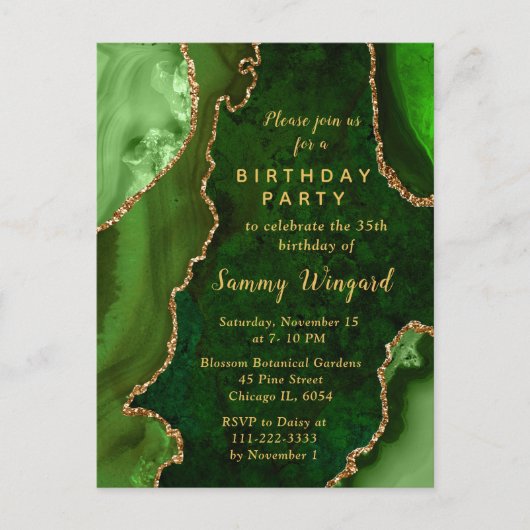 Groene en gouden agat marmeren verjaardagsfeestje briefkaart (Voorkant)