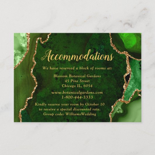 Groene en gouden Agate Wedding Accommodations Informatiekaartje (Voorkant)