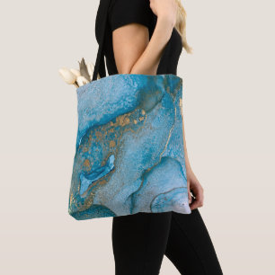 Groene en gouden alcoholinkt abstracte vloeibare k tote bag