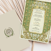 Groene en gouden art deco bruiloft kaart
