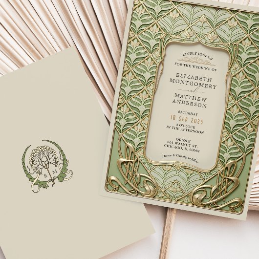 Groene en gouden art deco bruiloft kaart