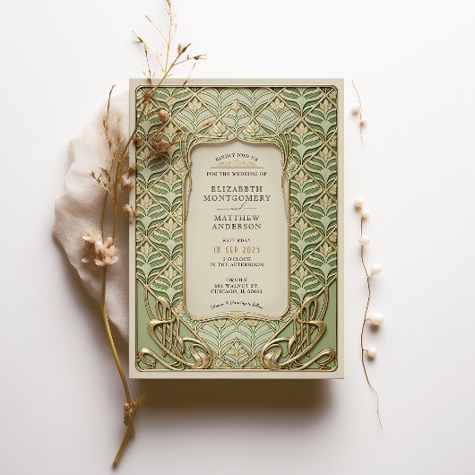 Groene en gouden art deco bruiloft kaart