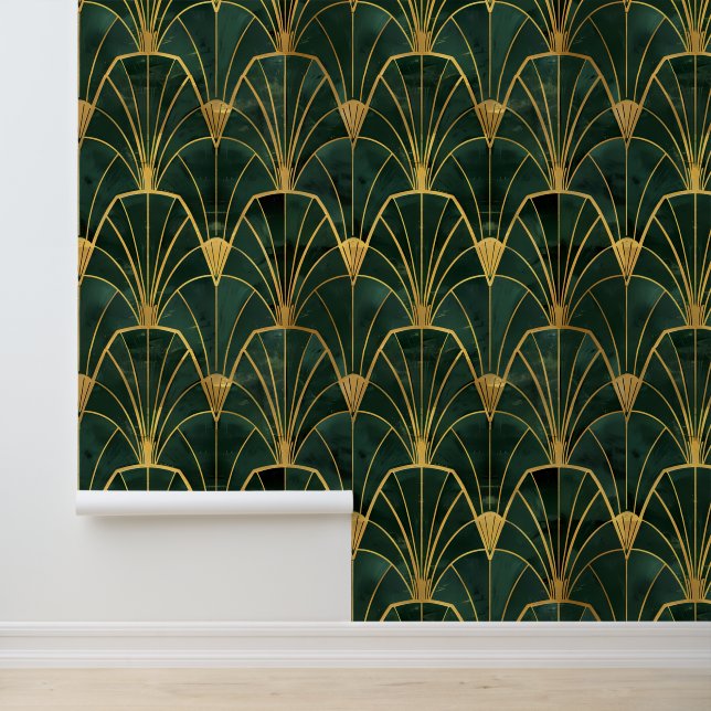 Groene en gouden Art Deco geometrie Behang (Applicatie)