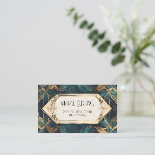 Groene en gouden Art Deco linten en bladeren Visitekaartje (Staand voorkant)