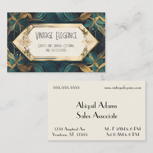 Groene en gouden Art Deco linten en bladeren Visitekaartje (Voorkant / Achterkant)