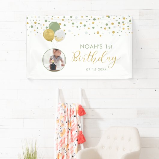 Groene en gouden ballon, eerste verjaardag Fotoban Spandoek (Insitu)