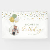 Groene en gouden ballon, eerste verjaardag Fotoban Spandoek (Horizontaal)