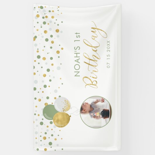 Groene en gouden ballon, eerste verjaardag Fotoban Spandoek (Verticaal)