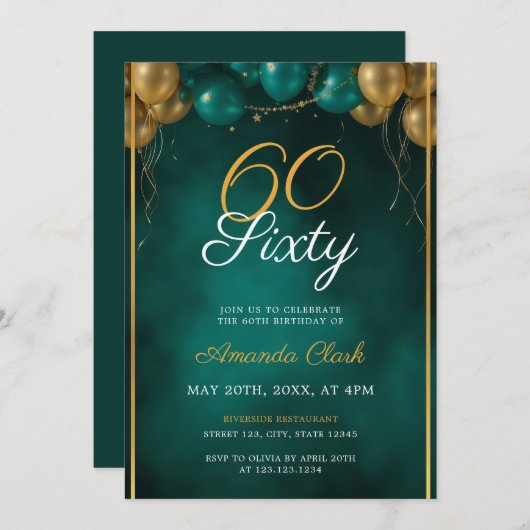 Groene en gouden ballonnen met Lijst 60e verjaarda Kaart (Voorkant / Achterkant)