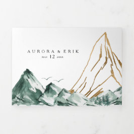 Groene en gouden berg alles-in-één drievoudig drieluik uitnodiging