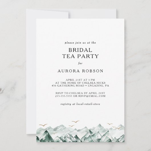 Groene en Gouden Berg Bruids Tea Party Uitnodiging (Voorkant)