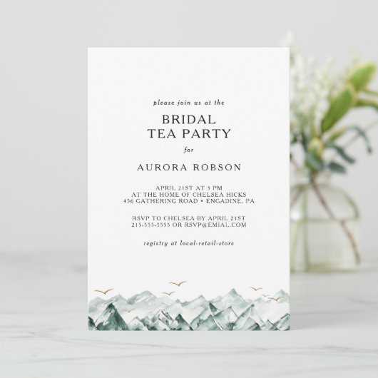 Groene en Gouden Berg Bruids Tea Party Uitnodiging (Staand voorkant)