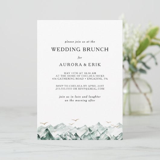 Groene en Gouden Berg Bruiloft Brunch Uitnodiging (Staand voorkant)