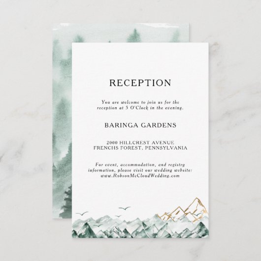Groene en Gouden Berg Bruiloft Receptie Kaart (Voorkant / Achterkant)