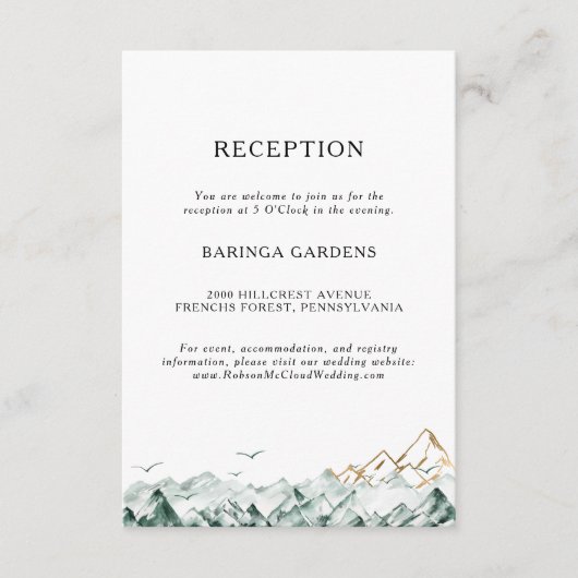 Groene en Gouden Berg Bruiloft Receptie Kaart (Voorkant)