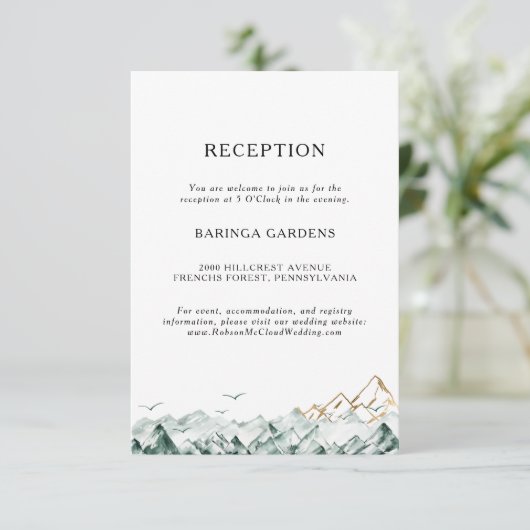 Groene en Gouden Berg Bruiloft Receptie Kaart (Staand voorkant)